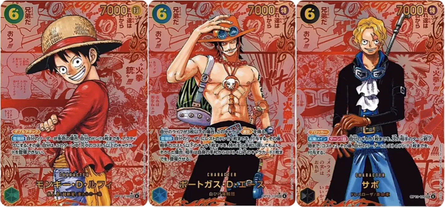 ONE PIECE CARD featuring Luffy, Ace, and Sabo in vibrant artwork from OP-13 expansion.