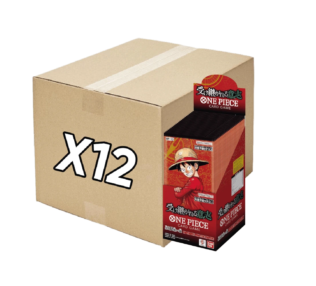 Carton of 12 ONE PIECE CARD GAME OP-13 (JAP) boxes showcasing iconic characters and card designs.